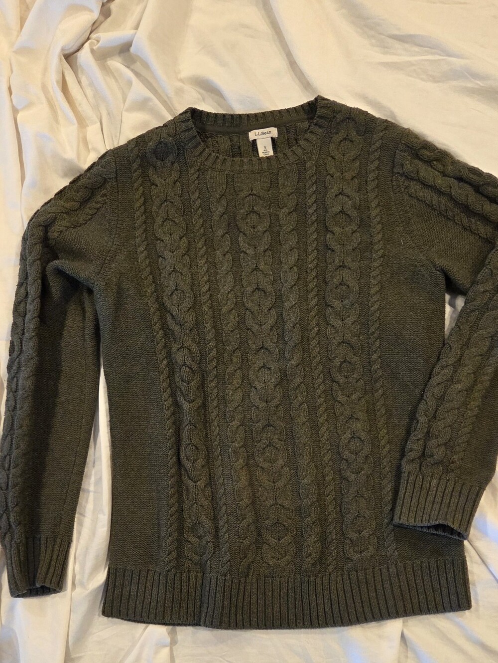 LLBean Double L Sweater, Cable Crewneck.  Dark Olive, Womens Small